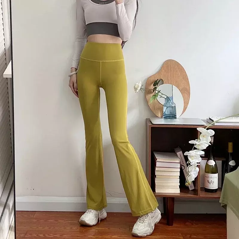 Celana Flare Yoga wanita, celana Flare Yoga warna Solid, celana Gym, celana olahraga, Legging Slim Fit, dengan logo cetak