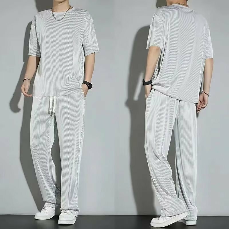 Conjunto deportivo de manga corta para hombre, pantalones y camisetas informales de moda coreana, ropa fina de hielo, verano, 2024