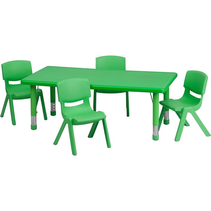 Kindertafel En-Stoelen, 24 ''W X 48'' L Rechthoekige Groene Plastic In Hoogte Verstelbare Activiteitstafel, Met 4 Stoelen