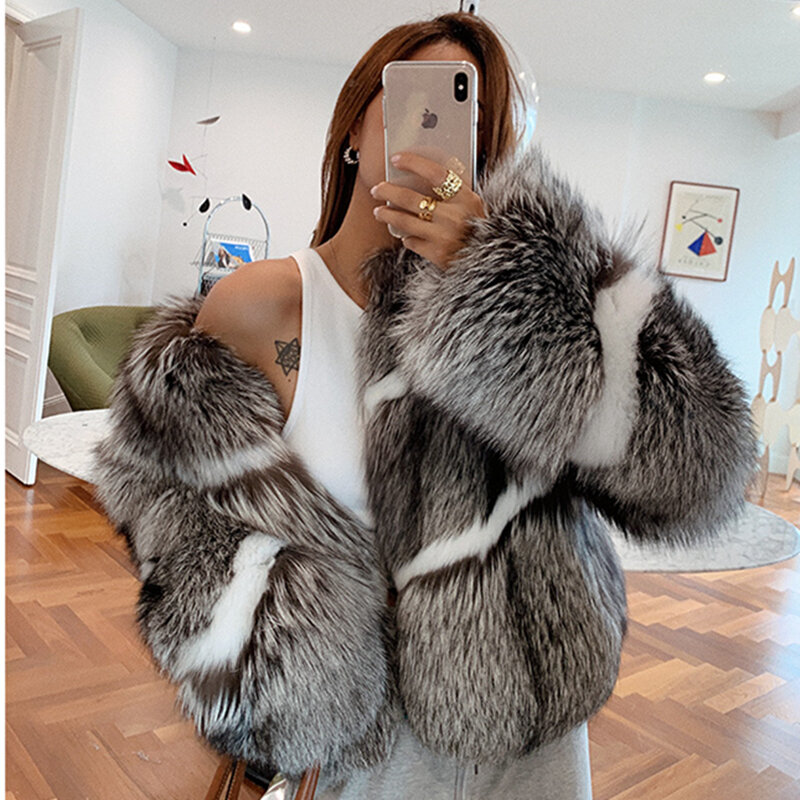 2023 Silver Fox Fur with White Fox Fur Women Fox fur Coat Black Real Fox Whole Skin Fur Winter Thick Soft Warm Fox Fur Jacket