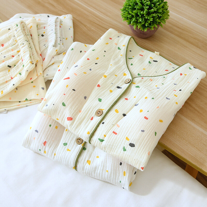 Pijama de gasa de algodón puro para mujer, cárdigan de manga larga con cuello en V, suelto y cómodo, primavera y otoño, 2 piezas