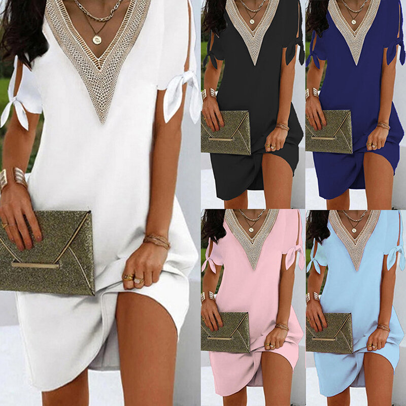 Summer V-neck Holiday Mini Dress Fashion Craft Cuff Split Bow Decoration Solid Color Casual Loose Dress Street Wear S-5XL