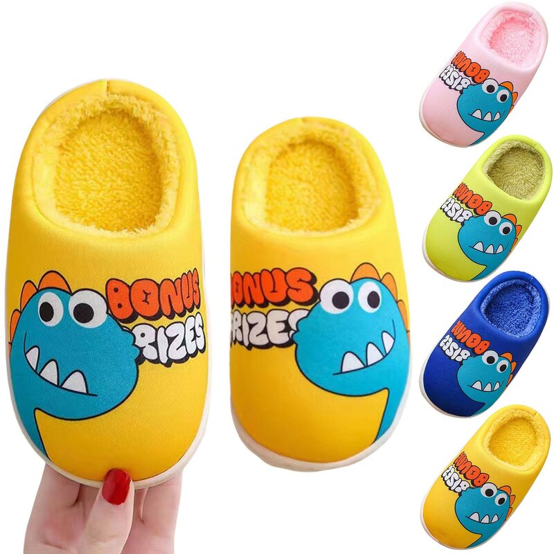 Winter Children‘s Slippers 2023 New Kids Slippers Dinosaur Warm Plush Indoor Autumn Non-Slip Soft Plush Slipper For Boys Girls