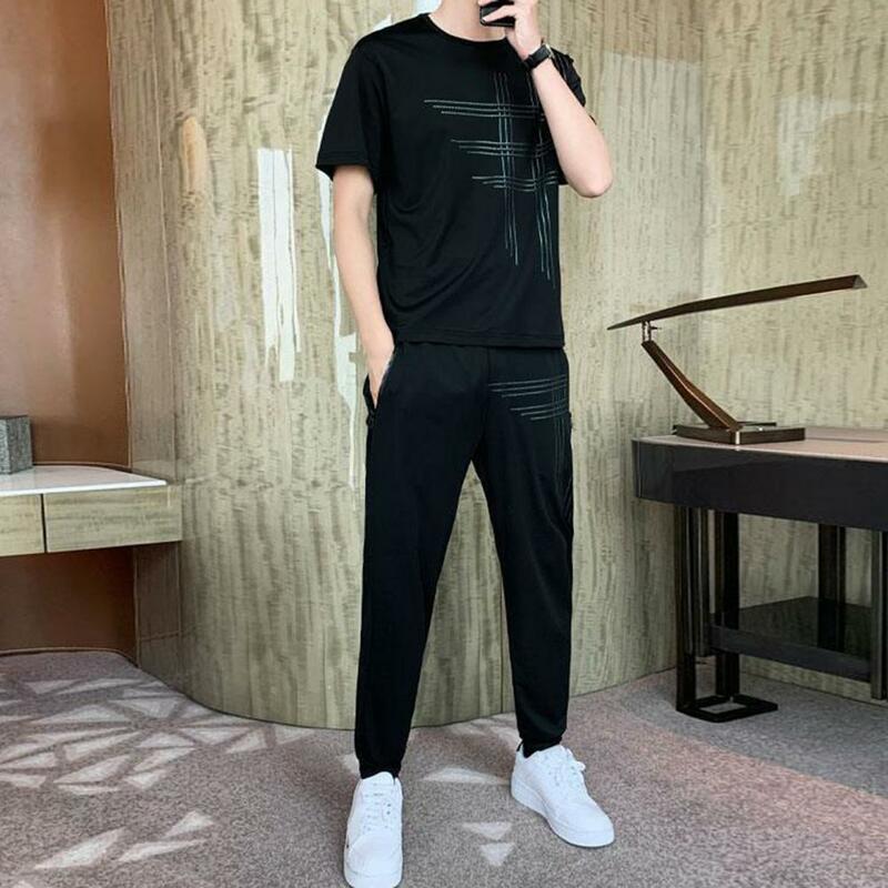 Fine Workmanship Clothing Stylish Men's Casual Sports Suit with Short Sleeve T-shirt Elastic Waist Trouser for Home for Men