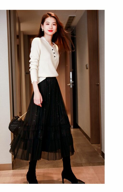 Spring and Autumn Sequin Mesh Half Skirt for Women's New Korean Mid Length High Waist A-line Pleated Skirt