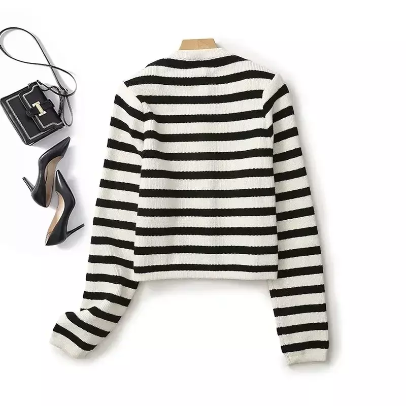 Cárdigan de punto a rayas de dos colores para mujer, suéter Retro de manga larga con cuello redondo, botones exquisitos, abrigo elegante, 2023