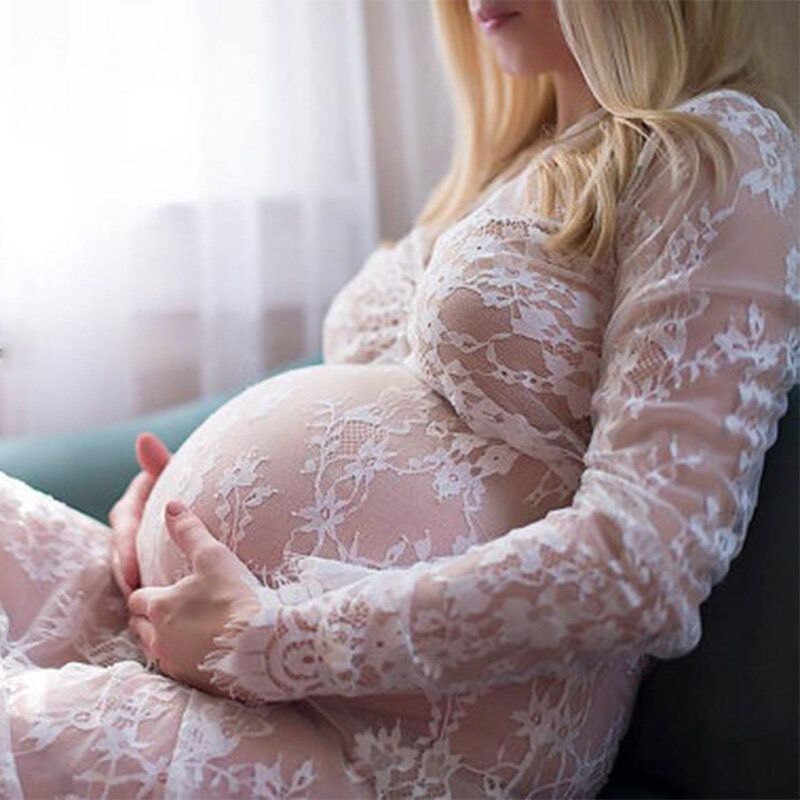 섹시한 깊은 V넥 레이스 드레스, 긴팔 맥시 로브, 베이비 샤워, 출산 여성, 임신 사진 촬영 맥시 드레스