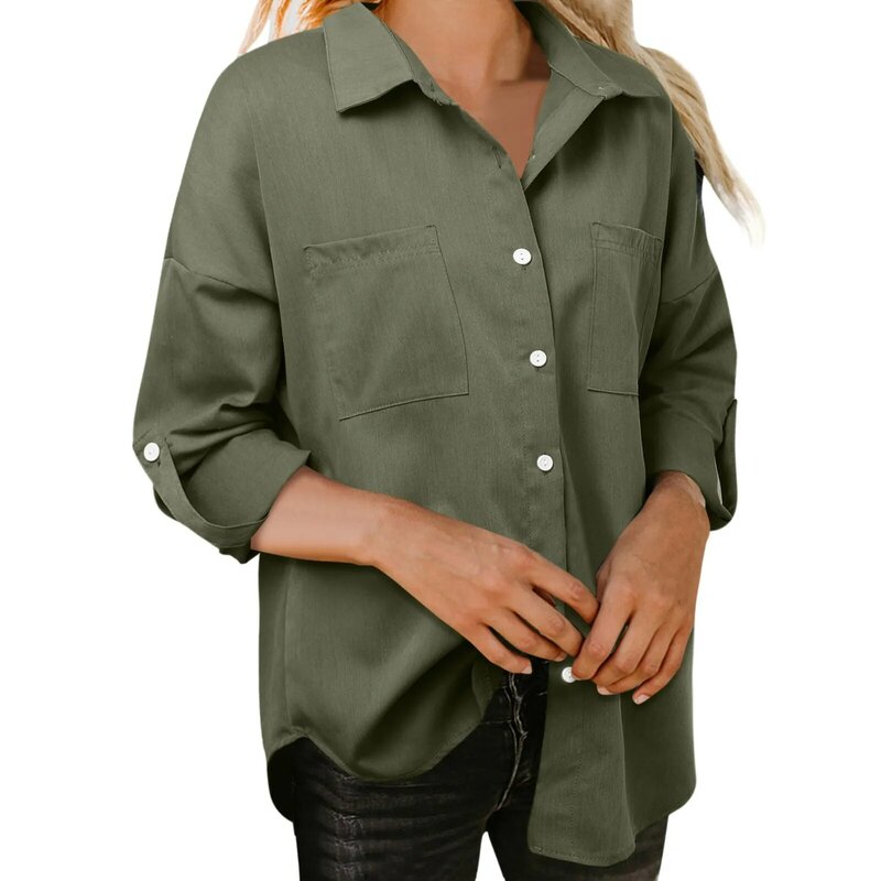 女性用長袖カジュアルシャツ、ポケット付きルーズコート、単色オーバーコート、レディーストップ、ファッショナブル、シンプル