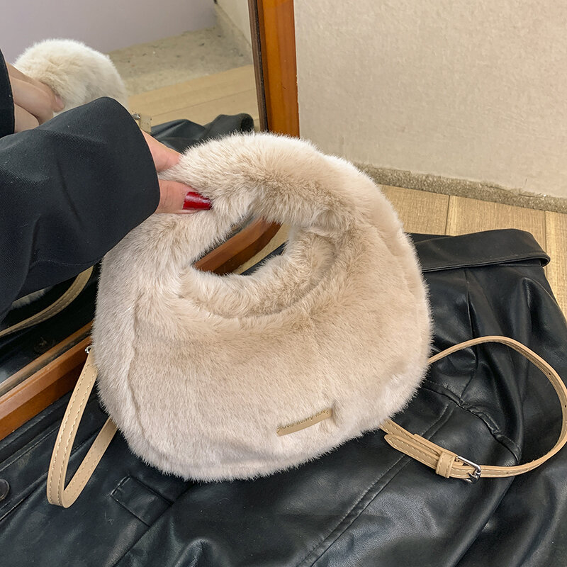 Half Moon Design Faux Fur Handbags Winter Luxury Evening Clutch Bag For Women Small Semicircle Leather Shoulder Crossbody Bags