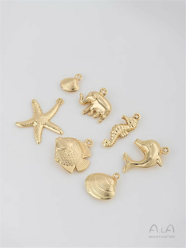 قلادة سلسلة البيولوجيا البحرية من الذهب عيار 14 قيراط ، قشرة دولفين ، نجمة بحر ، فيل ، إكسسوارات مجوهرات ذاتية الصنع ، B360