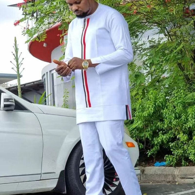 Kaftan African Men's Suit White Long Sleeve Stitching Shirt and Social Pants 2 Pieces Set Wedding Party  Designer Men Clothing