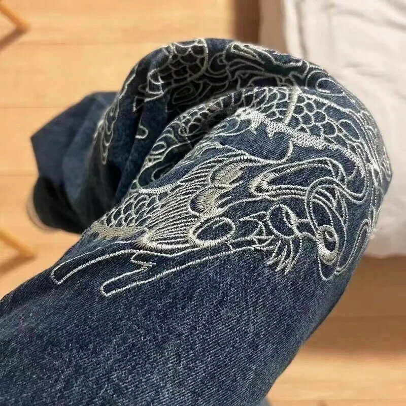 Celana Baggy Lurus Bordir Naga Streetwear Retro Jeans Y2k Jeans Wanita Pinggang Tinggi Harajuku Celana Panjang Tren 2022