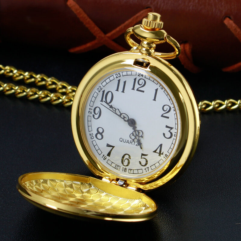 Relógio de bolso de quartzo caçador dourado, joias simples e suave vintage, colar com corrente, presente para homens e mulheres, luxo superior