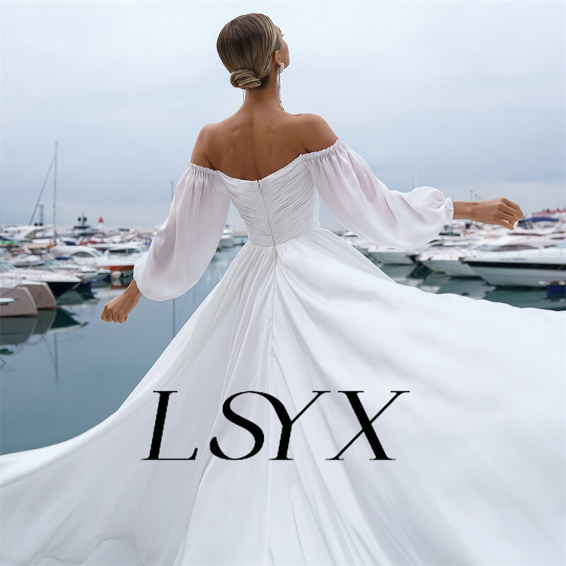 LSYX-Boho فستان زفاف شيفون ، أكمام طويلة منتفخة ، عاري الكتفين ، ثنيات ، سحاب خلفي ، a-line ، حبيب ، ذيل محكمة ، فستان زفاف