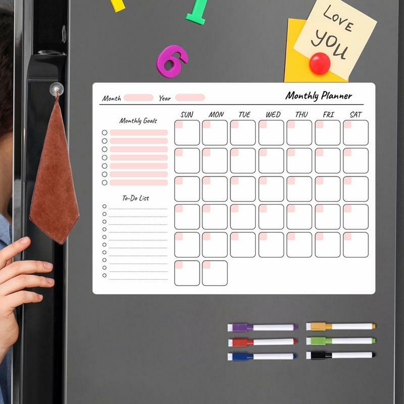 Planificador mensual de refrigerador magnético, calendario de nevera multifuncional, planificador borrable, almohadillas de notas de pizarra blanca