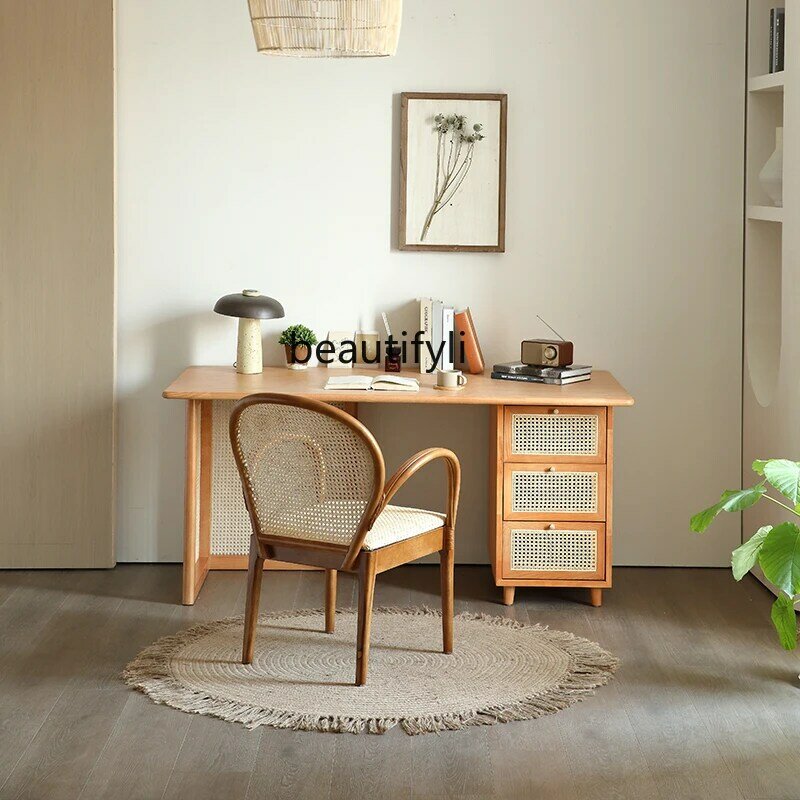 Solid Wood Desk Bedroom Rattan Home Writing Desk Small Apartment Nordic Simple Drawer Locker Computer Table