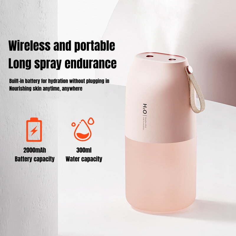 300ml Dual Sprayer Air Humidifier 2000mAh USB Rechargeable Battery Wireless Aroma Mist Maker Fogger Diffuser Light Umidificador