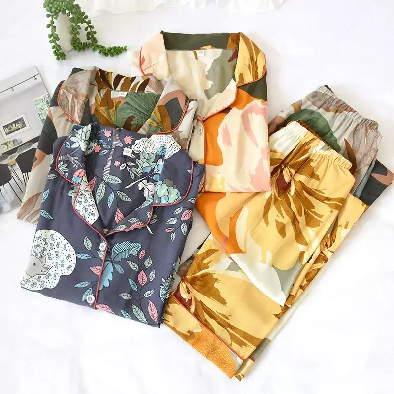 Conjunto de pijama floral estampado feminino, 100% viscose, calça de manga comprida, confortável, manga cheia, moda casual feminina, novo