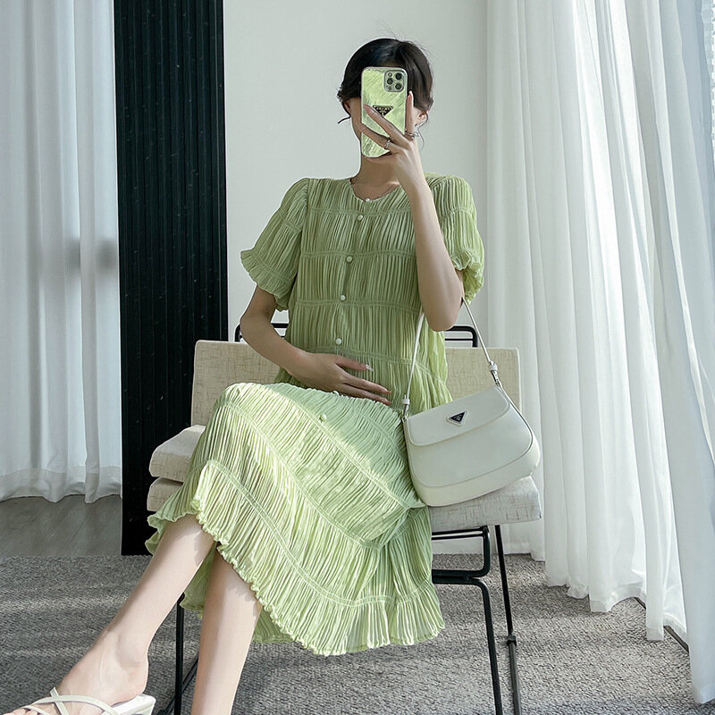 Vestidos de maternidad de gasa con textura para mujeres embarazadas, ropa de verano con cuello en V sólido, verde fresco, suelto, 2022