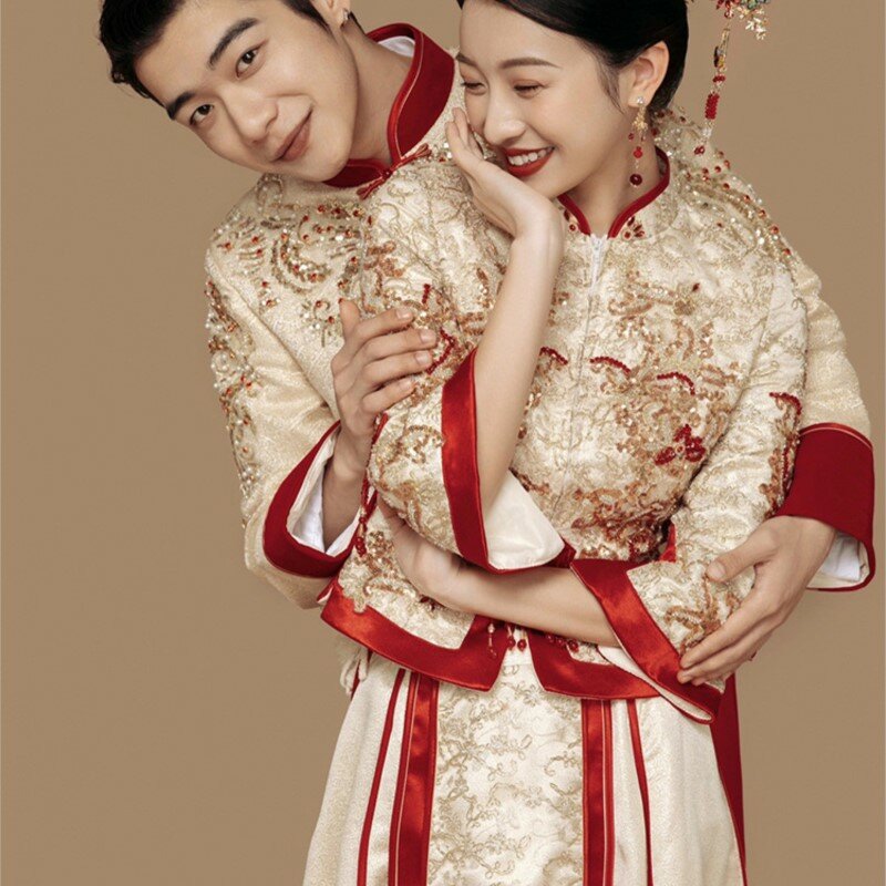 Złoty nowy chiński dopasowany krój smoka i feniksa suknia ślubna cienki garnitur