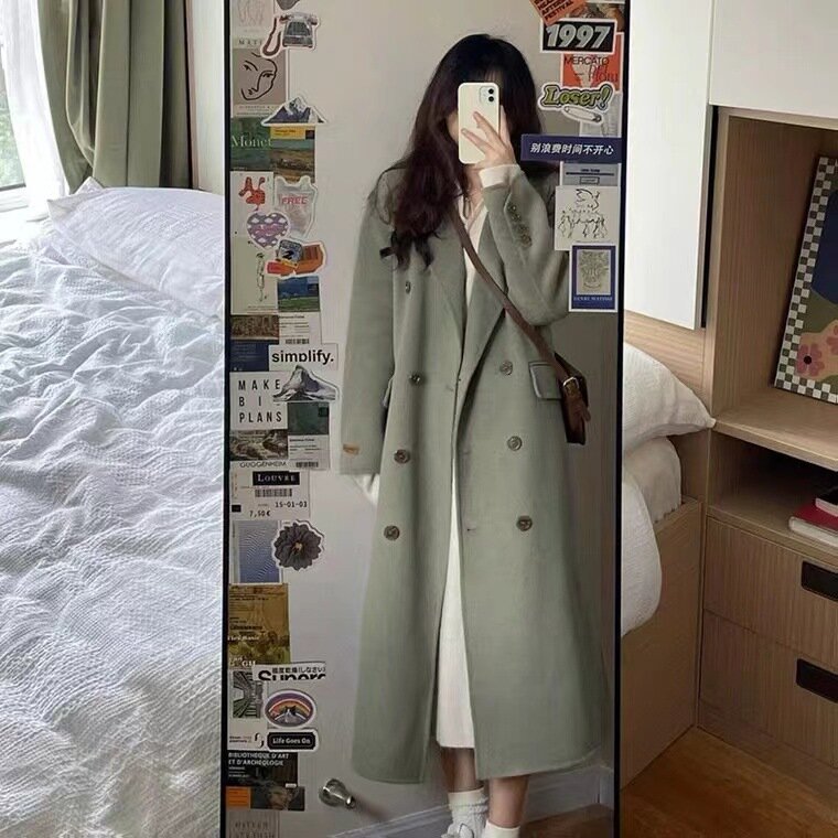 Jaket penahan angin wol panjang wanita, mantel Korea longgar kerah Single-breasted untuk perempuan musim gugur musim dingin