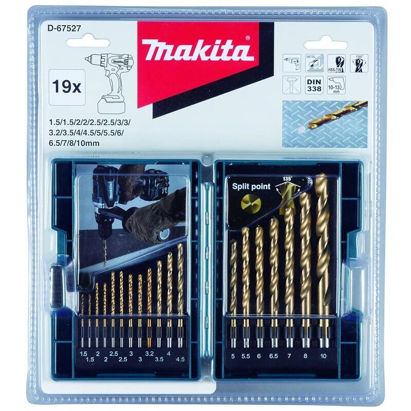 Makita-Metal Twist Drill Bit Set, revestimento de titânio-nitreto, carpintaria brocas elétricas, Metal Working, D-67527 HSS, TiN, 19Pcs