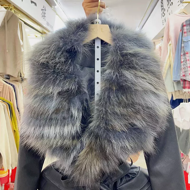 Женское короткое пальто из лисьего меха, облегающее черное кожаное пальто с большим меховым воротником, зима 2023