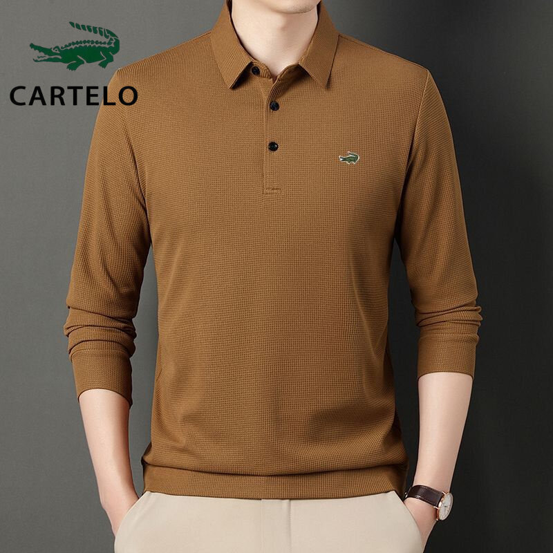 Cartelo-camisa polo bordada masculina, top de cor sólida, manga longa, casual, negócios, quatro estações