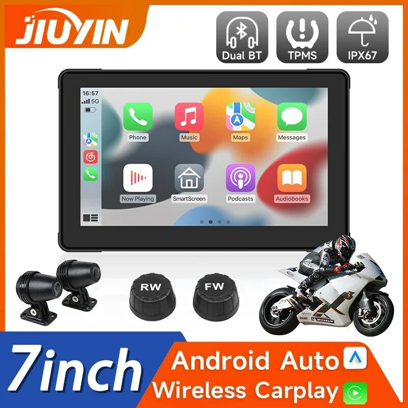 Motocicleta Multimedia Player, Navegação GPS, Gravador, CarPlay sem fio, Android, Auto, IP67 tela impermeável, Bluetooth, 7 ", Novo, 2024