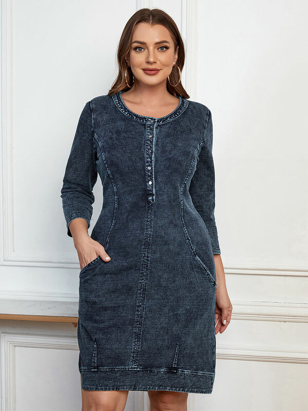 LIH HUA-Robe en denim grande taille pour femme, tricot de coton, col rond, mode décontractée, automne