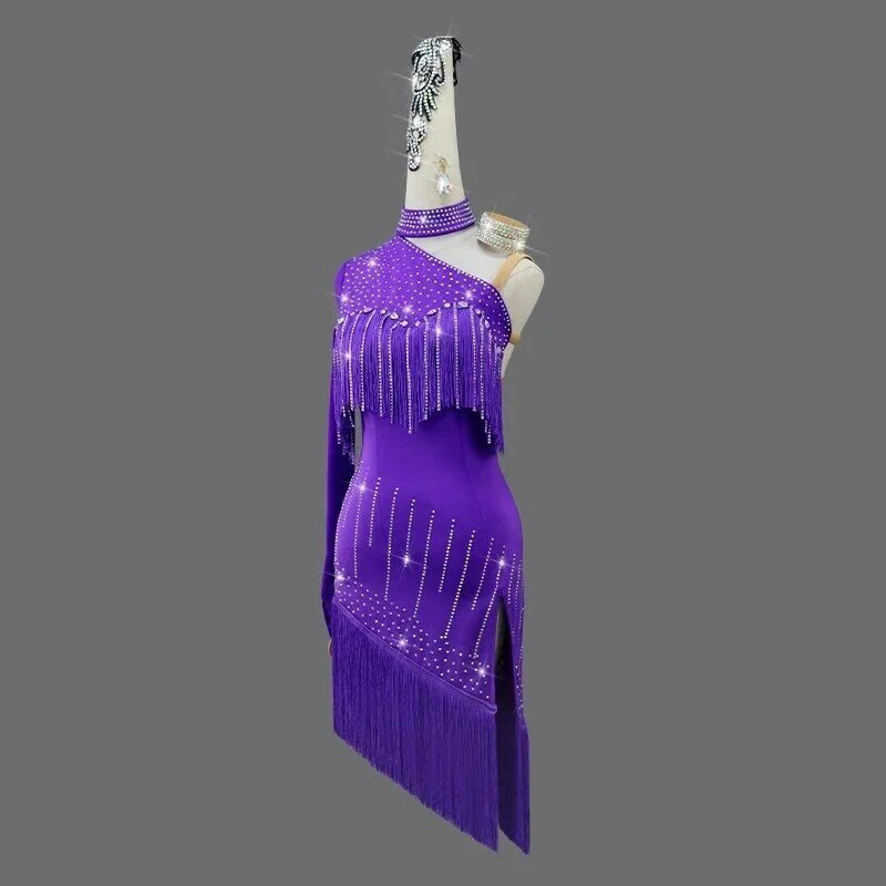 Purple Latin Dance Fringe Dress Women's Professional Competition Costume Sexy Girl Party Skirts Dresses Wear Cha-Cha Line suit