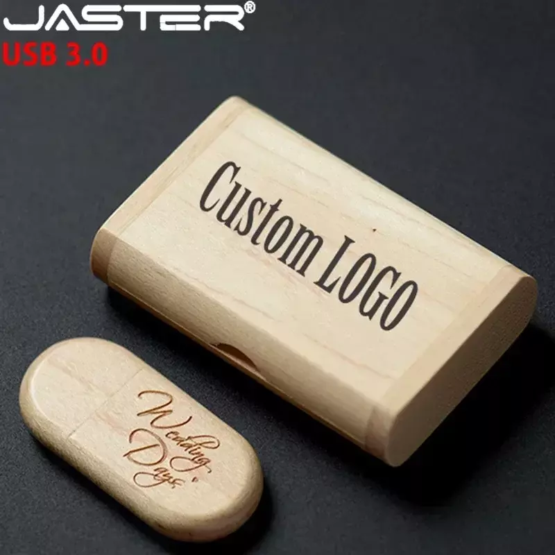 JASTER-USB 3.0 LOGO de alta velocidade Pendrive de madeira com caixa, logotipo pessoal, flash drive, disco U, 8GB, 16GB, 32GB, 64GB