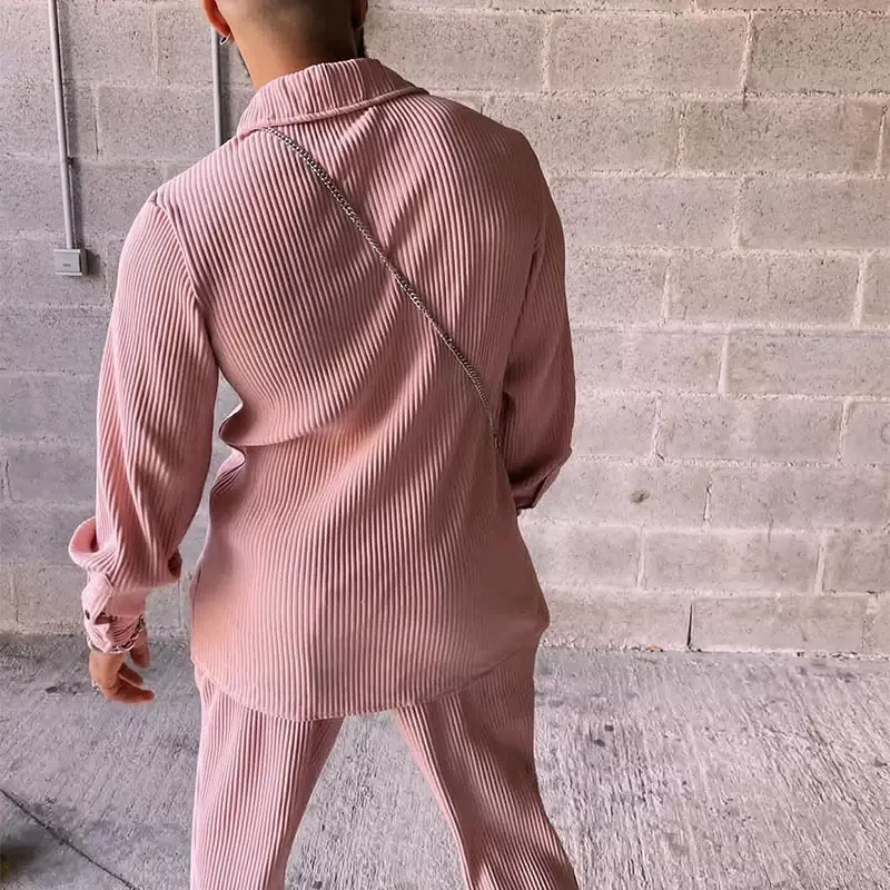 Terno de veludo de manga comprida masculino, camisa e calça com nervuras lapela, roupas monocromáticas, moda streetwear outono, conjunto 2 peças