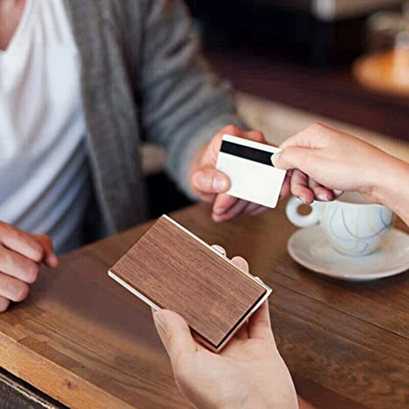 คลิปนามบัตรไม้กระเป๋าเก็บบัตรธุรกิจทำจากไม้วอลนัทแบบบางพอดีสำหรับสำนักงานทำจากสแตนเลส