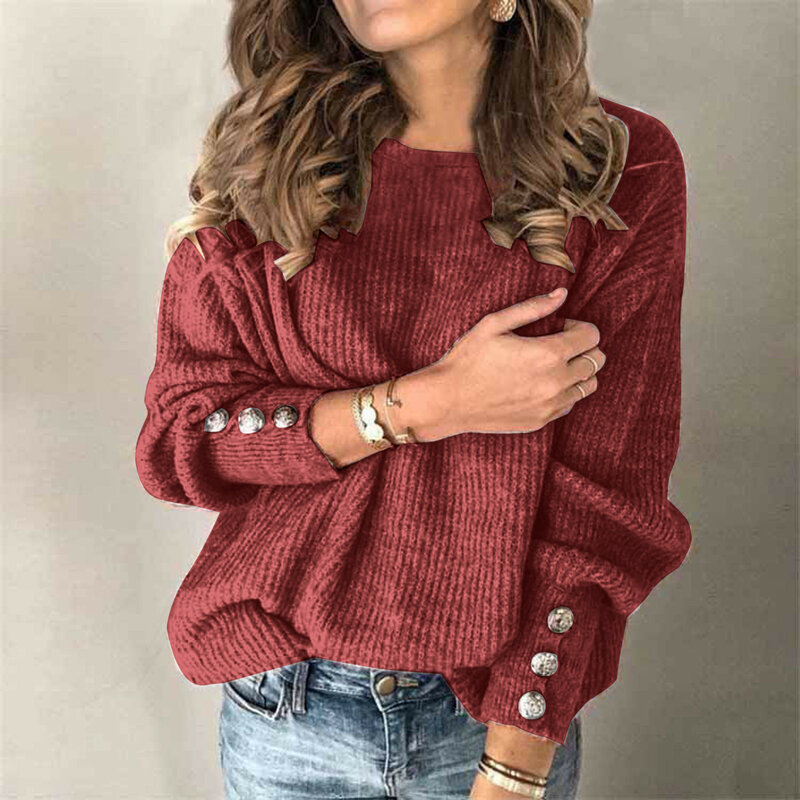Sweater rajut wanita, atasan kerah pita kancing polos lengan rajut nyaman ukuran besar untuk wanita