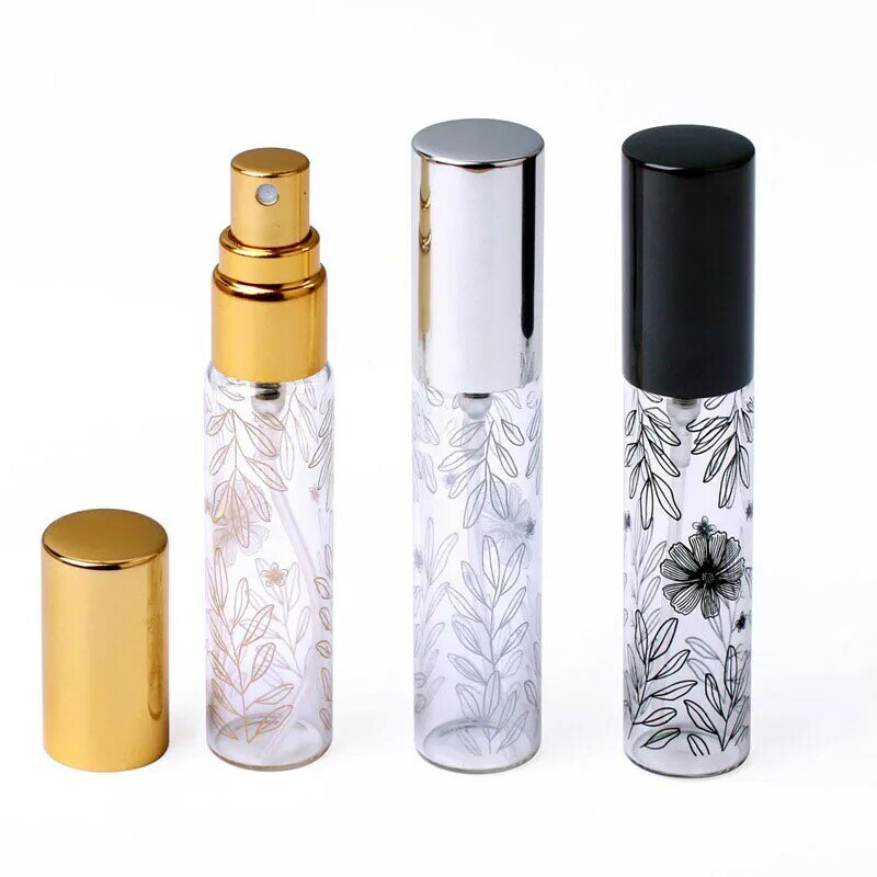 5pcs/Pack 10ml Leaf Printed Refillable Perfume Bottle Spray Pump Glass Cosmetic Atomizer Bottle Empty Liquid Fragrance Container