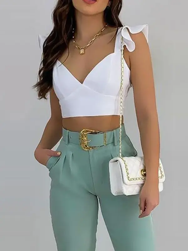 2024 Solid Ruffles Backless Knotted Crop Tops & Pocket Design Belted Pants Set Casual Women Two Piece Set Outfits