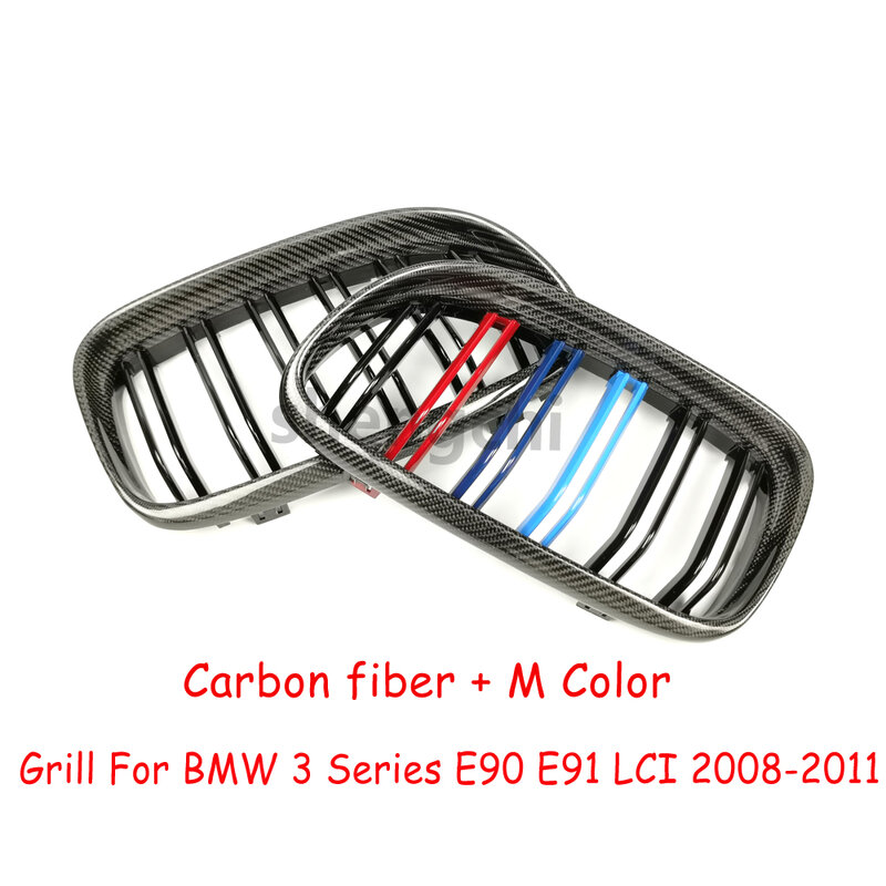 Rejilla delantera de riñón doble para BMW, accesorio de fibra de carbono con acabado brillante y líneas de colores M, modelos Serie 3: E90, E91, 318i, 320i, 330i y 335i, años 2008 a 2011
