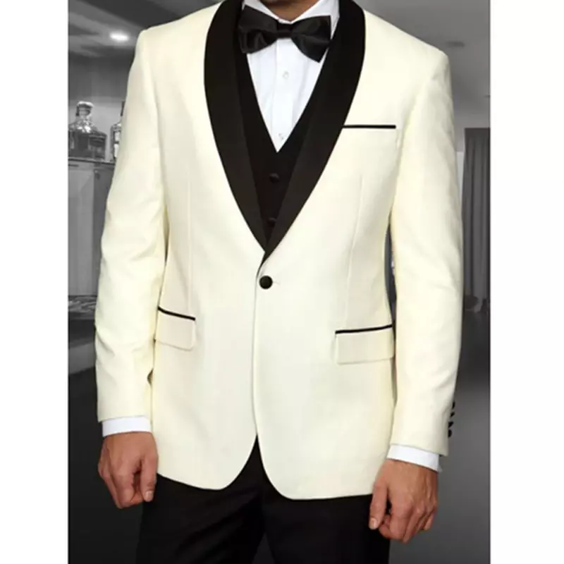 Nuovo Design giacca avorio pantalone nero abito da uomo matrimonio sposo smoking Prom Slim Fit Blazer Hombre Set 3 pezzi personalizzato di alta qualità