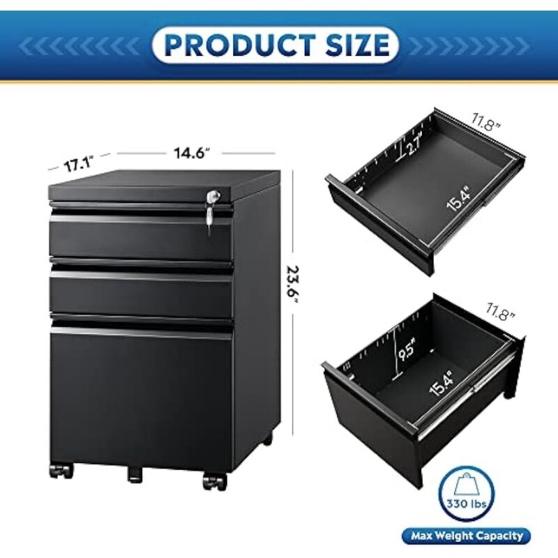 DEVAISE 3 Drawer Mobile File Cabinet with Lock, Under Desk Metal Filing Cabinet , Fully Assembled Except Wheels, Black