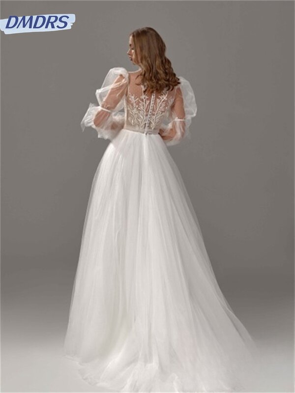 Suknie ślubne z elegancka, długa rękawami 2024 luksusowa suknia ślubna z aplikacjami romantyczna tiulowa sukienka do podłogi Vestidos De Novia
