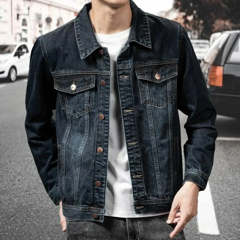 Slim Fit Mantel stilvolle Herren Jeans jacke mit mehreren Taschen Revers einfarbig einreihige Strickjacke koreanischen Stil für Männer
