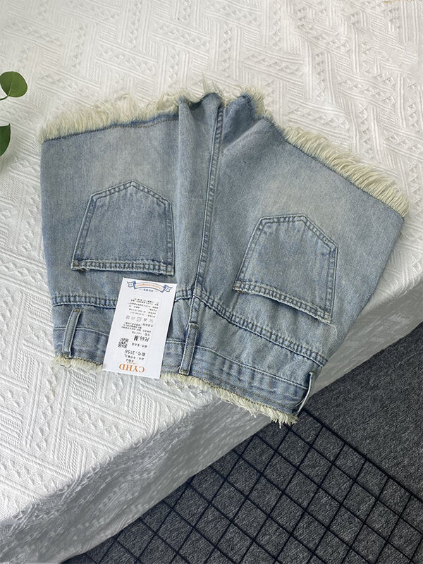 Pantalones cortos vaqueros holgados para mujer, Shorts anchos de cintura alta en color azul, estilo Harajuku coreano Y2k, informales, con borlas, verano 2023