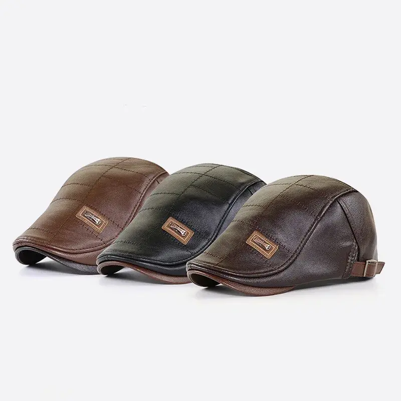 Retro PU Leather Beret Hats for Men Autumn Winter Faux Leather Beret Hat Middle-aged Men's Visor Warm Flat Peaked Cap Adjustable