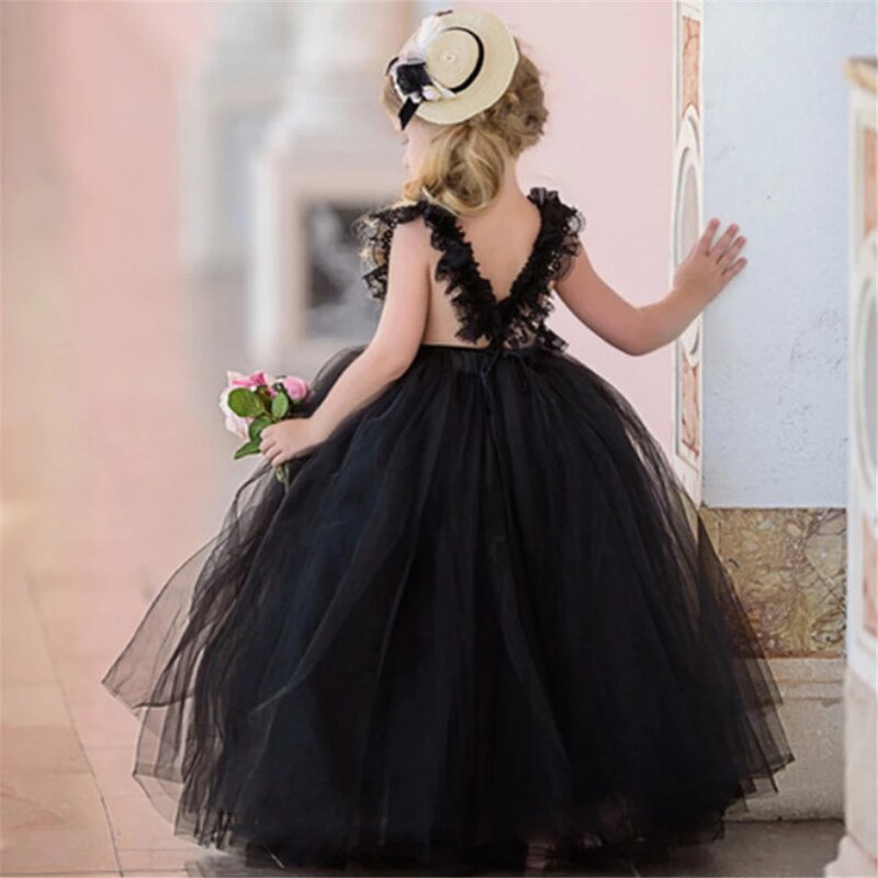 Vestido de niña de flores para boda, tul negro hinchado, sin mangas, apliques de encaje, fiesta de cumpleaños de princesa, vestidos de baile de primera comunión