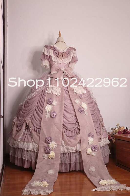 Бледно-розовая романтичная Пышная юбка с оборками в виде роз, Кружевная аппликация в стиле «лолита», вечернее платье в викторианском стиле для косплея