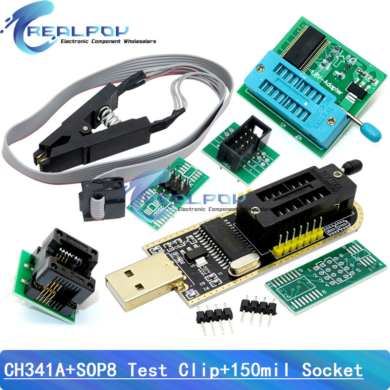 Grampo do adaptador do programador com cabo, flash de EEPROM, BIOS, USB, ZIF, CH341A, 1.8V, SOIC8, SOP8