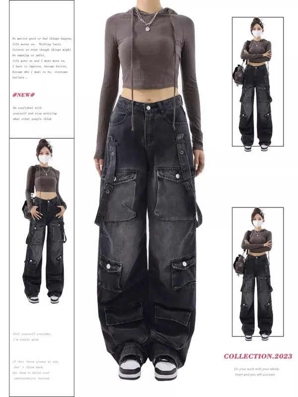 Nuovi Jeans gotici tuta nera retrò femminile Y2K Street Casual pantaloni larghi larghi coppia Cowboy Jeans dritti a vita alta