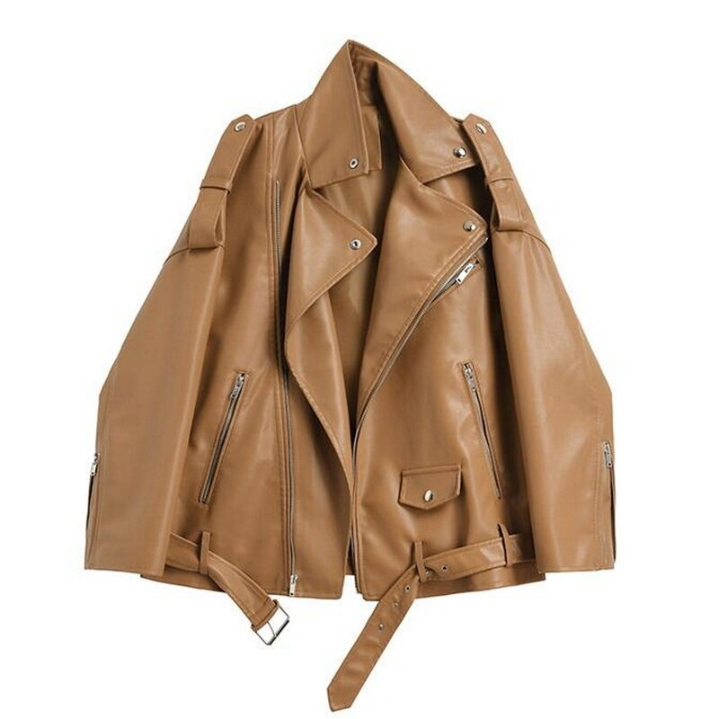 Jaquetas de couro falso para mulheres, casaco solto com emblema no ombro, outwear rua com cinto, outono e inverno