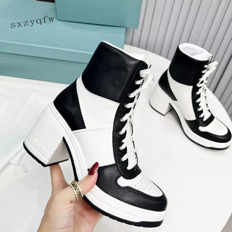 Sepatu bot hak tebal berenda kulit asli Genmao LI hitam putih mode populer sepatu bot Modern Platform betis sedang 2023